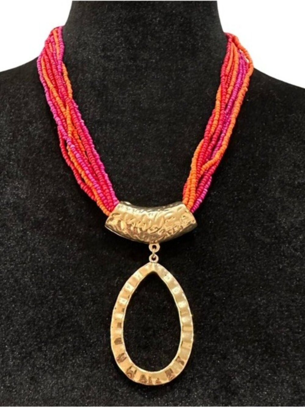 Multistrand Beaded Necklace With Gold Tone Pendant Clasp Closure  Pink Orange
